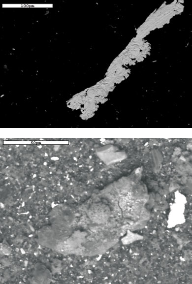 An iron shaving with scratch marks (top) and soil (above) were found in the oil sample.