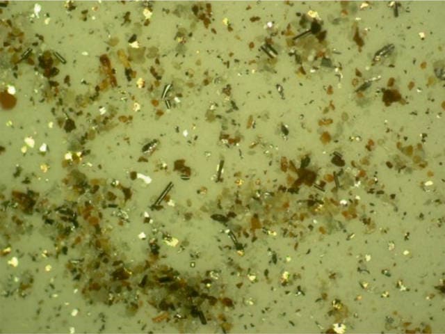 Debris field on a membrane showing the collection of extremely small particles after they were extracted from the oil. Both dust and wear particles are present