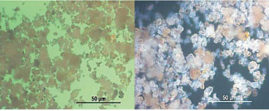 Figure 1. These two photomicrographs show turbine oil crystalline contaminants (1,000x magnification). Figure 1. These two photomicrographs show turbine oil crystalline contaminants (1,000x magnification).