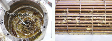Biological growth, particulate and separated lubricant additives have collected on this pump (above left). The lube oil cooler on the right has biological growth and adhered lubricant additives. Biological growth, particulate and separated lubricant additives have collected on this pump (above left). The lube oil cooler on the right has biological growth and adhered lubricant additives.