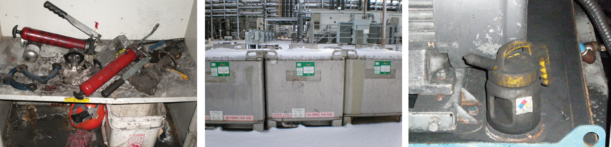 From Left: 1. Previously, oil totes were stored outside with no protection. 2. Grease guns and cabinets were unorganized and dirty. 3. Top-up containers were left by the equipment and were highly contaminated. From Left: 1. Previously, oil totes were stored outside with no protection. 2. Grease guns and cabinets were unorganized and dirty. 3. Top-up containers were left by the equipment and were highly contaminated.
