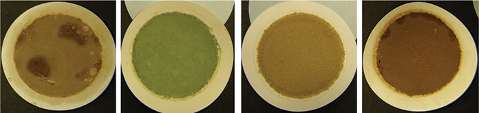 MPC patch test results with 25 percent of the RPVOT time remaining. LtoR: A. PAG: 75% RPVOT EOT, B. Mineral Oil 1: 75% RPVOT EOT, C. Mineral Oil 2: 75% RPVOT EOT, D. Mineral Oil 3: 75% RPVOT EOT new lube MPCPatchResults25%