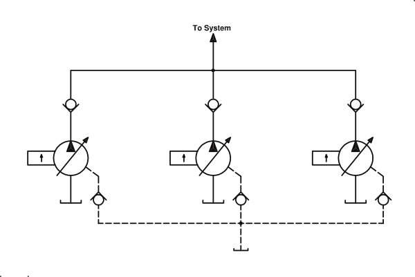 Figure 3. In some systems, one pump is used as a backup or spare, with each having a check valve at the outlet port. Figure 3. In some systems, one pump is used as a backup or spare, with each having a check valve at the outlet port.