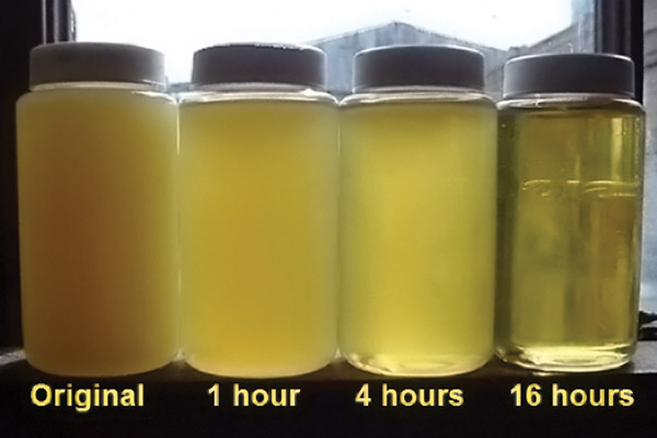 Oil purity is shown for a system before it was flushed (left) and then after one, four and 16 hours. This particular system had high water content prior to flushing. Oil purity is shown for a system before it was flushed (left) and then after one, four and 16 hours. This particular system had high water content prior to flushing.