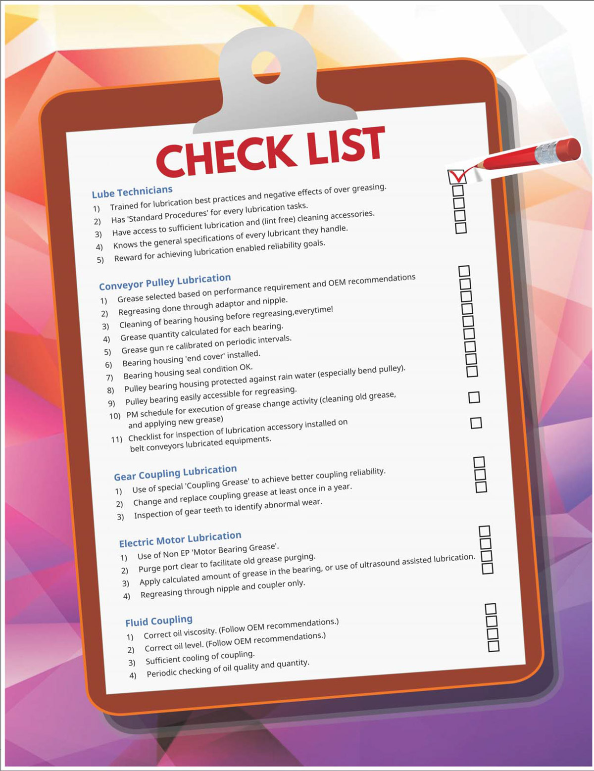 Belt conveyor lubrication checklist