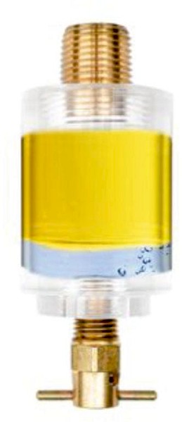 The Esco OSG (oil sight glass), often referred to as a BS&W bowl or water separator, can be installed directly to a drain port located at the bottom of a reservoir or with an elbow for drain ports located on the side of the equipment.